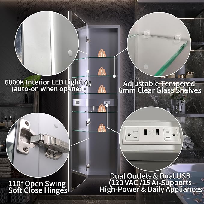 20 X 70 Full Body Lighted Medicine Cabinet with Mirror with Dimmable Front&Backlit, Outlets, Sensor Light, 5 Adjustable Shelves, Surface/Recessed Mounted Aluminum LED Medicine Cabinet for Bathroom