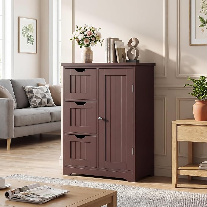 SUPER DEAL Bathroom Storage Cabinet with 3 Drawers and 1 Door, Entryway Home Decor Furniture Towels Storage Organizer Unit, Brown, 23.6" L x 11.8" W x 31.4" H