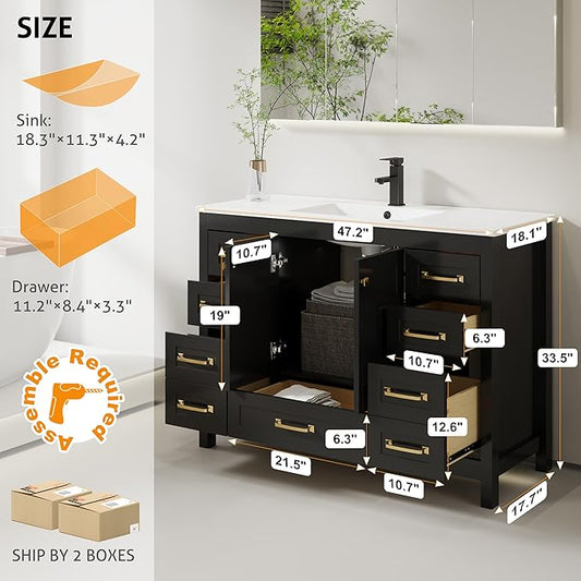eclife 48" Bathroom Vanities with Sink Combo, Modern Thickened Wood Bathroom Storage Cabinet w/Undermount Single Sink, Matte Black Faucet Drain, Painted Surface, Black