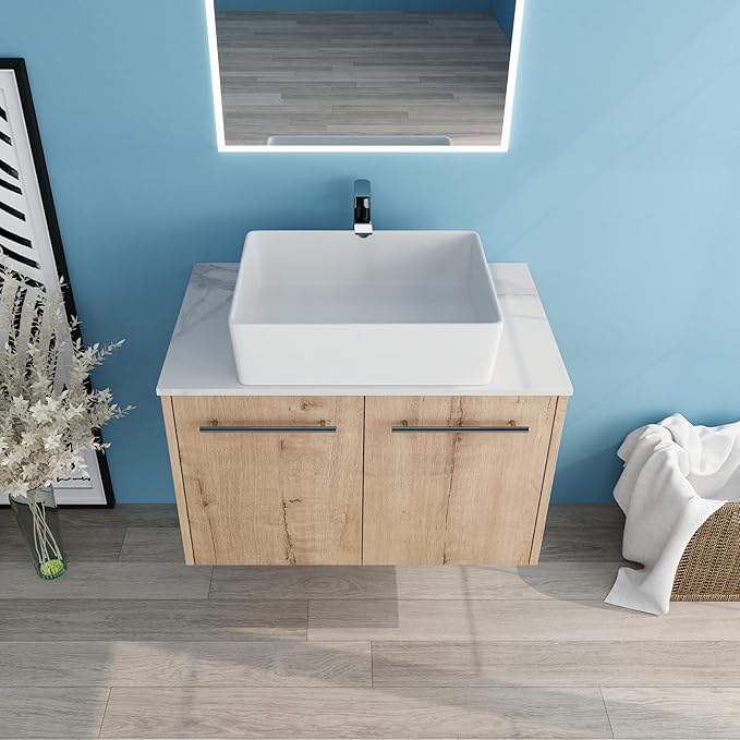 30" Floating Vanity with Sink, 30 Inch Bathroom Vanity with Sink, Modern Plywood Floating Cabinet with Sintered Stone Countertop and White Ceramic Basin, Soft Close Doors
