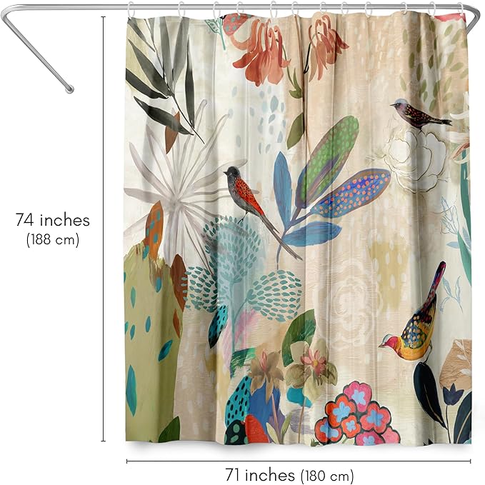 Americanflat 71x74 Floral Shower Curtain - Water-Resistant Long Shower Curtain with Metal Grommets and 12 Hooks - 100% Polyester - Botanical Bathroom Curtains - Beige, Blue, Green, Coral and Pink