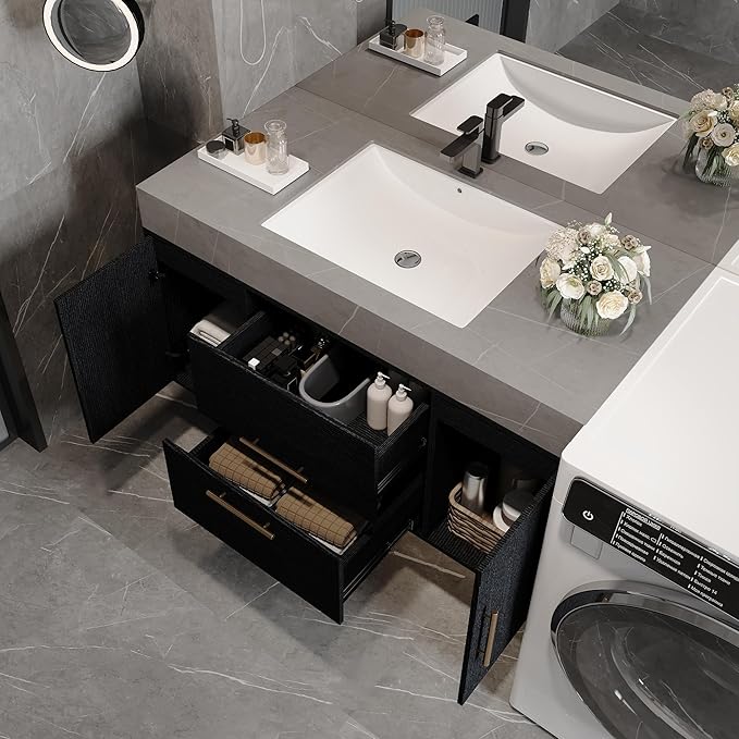 40" Bathroom Vanity with Sink Set, Modern Wall Mounted Bathroom Vanity Cabinet with Ceramic Sink,Gold Handle 2 Drawers&2 Storage Cabinets, Single Sink Floating Bathroom Vanity, Black Grey