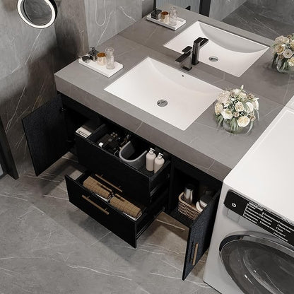 40" Bathroom Vanity with Sink Set, Modern Wall Mounted Bathroom Vanity Cabinet with Ceramic Sink,Gold Handle 2 Drawers&2 Storage Cabinets, Single Sink Floating Bathroom Vanity, Black Grey