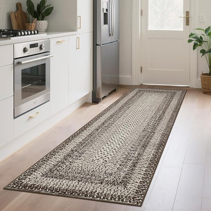 Imitation Braided Collection-Print Long Hallway Runners 2x10 Washable Area Rug, Farmhouse Rustic Bordered Area Rug Non Slip Soft Low Pile Indoor Carpet Runners for Entryways, Laundry Room
