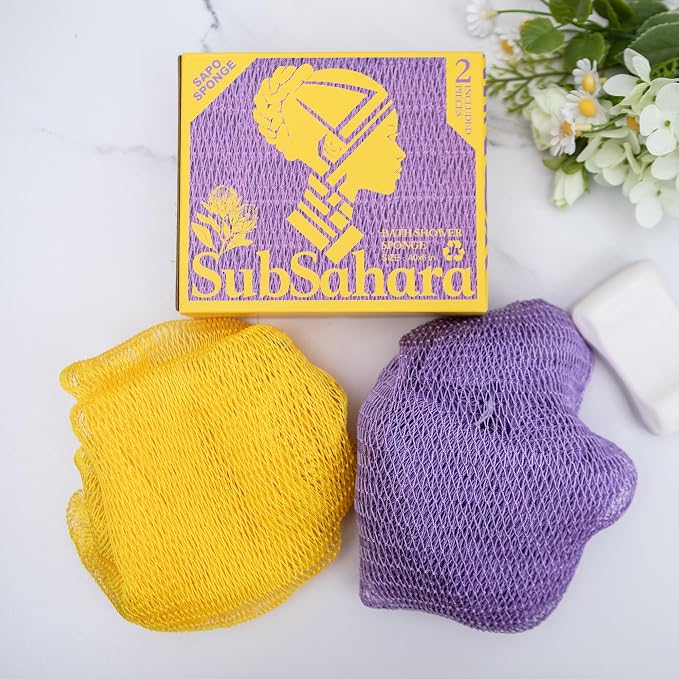 Authentic African Net Sponge,2Pack 45In Exfoliating Bath Sponge and Shower Loofah for Body and Back,Colorfast Quick-Dry Knotted Mesh Scrubber with Travel Pouch(Lavender purple&Bright yellow)