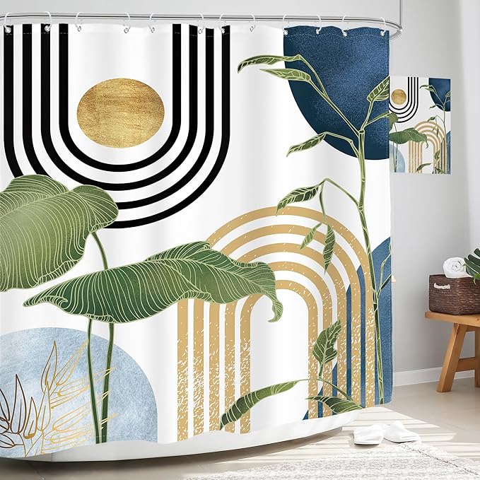 Glawry Navy Blue Boho Shower Curtain Abstract Mid Century Light Blue Tropical Palm Tree Sun Arch Plant Minimalist Bathroom Modern 72Wx78L Inches Bath Accessories Art Home Decor Fabric 12 Pack Hook