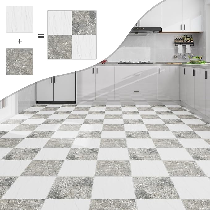 Lareko 20Sq.Ft Marble Peel and Stick Vinyl Floor Tiles,20 Tiles - 12" x 12",Waterfproof and Self Adhesive Vinyl Sticker Tiles,Laminate Flooring for for Kichen, Bathroom,Dining Room(WhiteX Grey)