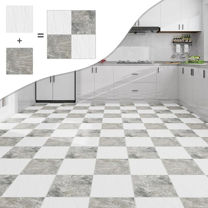 Lareko 20Sq.Ft Marble Peel and Stick Vinyl Floor Tiles,20 Tiles - 12" x 12",Waterfproof and Self Adhesive Vinyl Sticker Tiles,Laminate Flooring for for Kichen, Bathroom,Dining Room(WhiteX Grey)