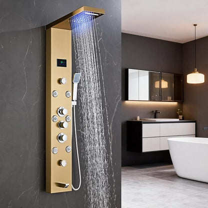 LED 5-in-1 Shower Panel Tower System,Brushed Gold | 304 Stainless Steel Shower Panel Tower Column with Powerful Body Jets, Rainfall, Waterfall,Handheld and Tub Spout