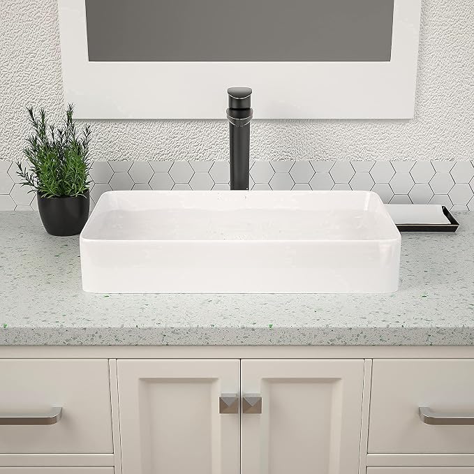 Vessel Sink Rectangular, Dcolora 24"x14" White Vessel Sink Ceramic Porcelain Rectangle Bathroom Vessel Sink Above Counter Vanity Sink Basin