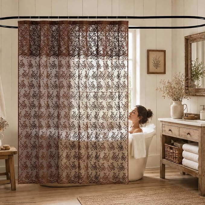TUDECO Extra Long Brown Lace Shower Curtain for Bathroom, 72W x 84L Inch | Dark Chocolate Brown, Cottagecore Floral, Attached Valance, Autumn Cozy Decor, Scalloped Edges, Reinforced Holes