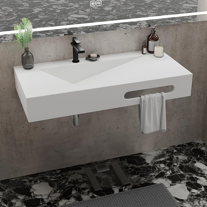 QJ&XY Resin Bathroom Sink 40" Wall Mounted V-Shaped White Basin with Towel Rack, Floating Vanity Sink in Soft-Touch Finish (Single Tier)