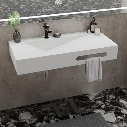 QJ&XY Resin Bathroom Sink 40" Wall Mounted V-Shaped White Basin with Towel Rack, Floating Vanity Sink in Soft-Touch Finish (Single Tier)