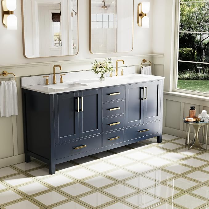 72-Inch Bathroom Vanity with Sink, 4 Soft-Close Doors and 6 Soft-Close Drawers, Bathroom Freestanding Vanity with Cultured Marble Countertop, Navy Blue Vanity W/Gold Handles