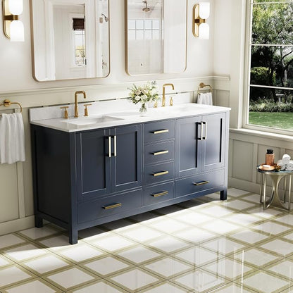 72-Inch Bathroom Vanity with Sink, 4 Soft-Close Doors and 6 Soft-Close Drawers, Bathroom Freestanding Vanity with Cultured Marble Countertop, Navy Blue Vanity W/Gold Handles