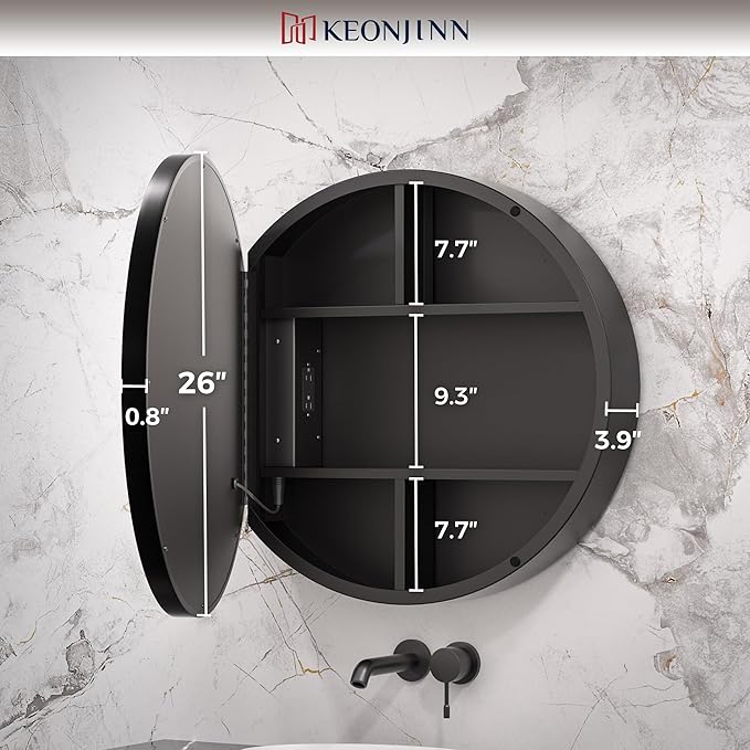 Keonjinn 26 Inch Round Medicine Cabinet with Lights, Black LED Bathroom Medicine Cabinet Mirror, Circle, Electrical Outlet, 3 Color Lights, Anti-Fog, Dimmable, Surface Mount Only