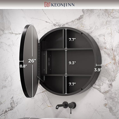Keonjinn 26 Inch Round Medicine Cabinet with Lights, Black LED Bathroom Medicine Cabinet Mirror, Circle, Electrical Outlet, 3 Color Lights, Anti-Fog, Dimmable, Surface Mount Only