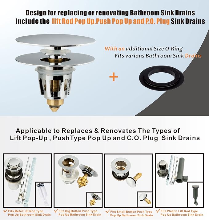 Universal Bathroom Sink Drain Stopper, Fits Most Pop-Up Drains for Vessel Sink Lavatory Vanity, Sink Drain Strainer with Detachable Hair Catcher, Tested by Plumber in US (Chrome Plated)