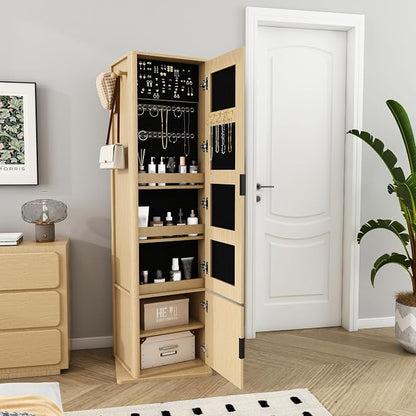 360° Rotating Makeup Jewelry Armoire Cabinet, Mirror Jewelry Cabinet Standing with a Full-Length Mirror, Storage Cabinet a Coat Rack, 4 Layers of Open 2 Layers of Built-In Shelves for Bedroom