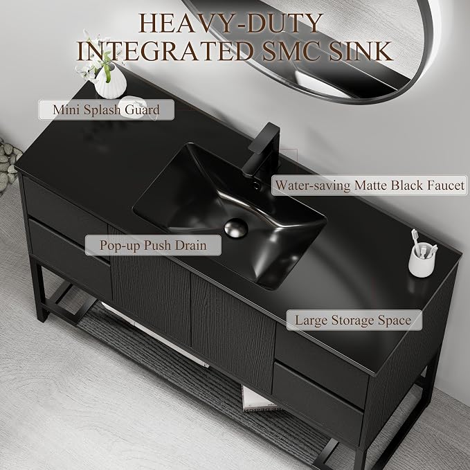 LUCKWIND 48" Modern Bathroom Vanity with Single Black Sink Combo, Freestanding Storage Cabinet with Metal Frame, Water-Saving Faucet and Open Shelf and 2 Soft-Closing Door, Black