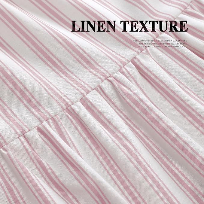Farmhouse Shower Curtain Ruffle Linen White-Pink Stripe 72"W x 72"L | Farmhouse Boho, Striped, Bottom Ruffle, Cotton Fabric, Rustic, Country, Natural Look, Washable, for Bathroom Bathtub