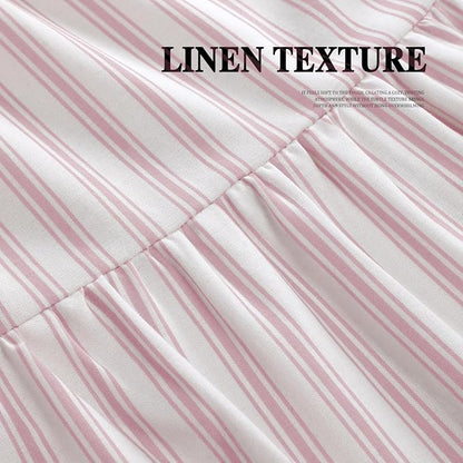 Farmhouse Shower Curtain Ruffle Linen White-Pink Stripe 72"W x 72"L | Farmhouse Boho, Striped, Bottom Ruffle, Cotton Fabric, Rustic, Country, Natural Look, Washable, for Bathroom Bathtub