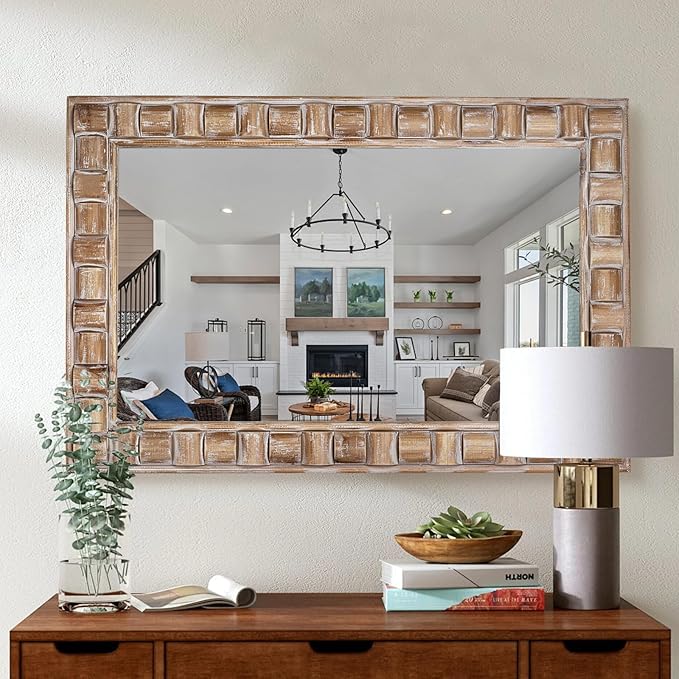 36x24 Inch Rustic Rectangle Wall Mirror - Solid Wood Frame Bathroom Vanity Mirror for Over Sink, Entryway, Living Room & Bedroom