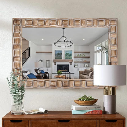 36x24 Inch Rustic Rectangle Wall Mirror - Solid Wood Frame Bathroom Vanity Mirror for Over Sink, Entryway, Living Room & Bedroom