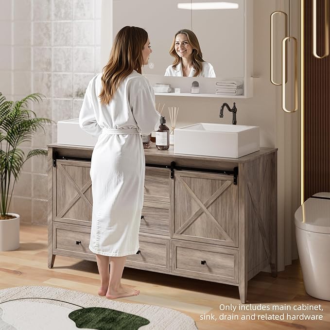VNN Bathroom Vanity with Sink - 60 Inch Bathroom Vanity Double Sink Ceramic, Freestanding Cabinet with 2 Farmhouse Sliding Barn Doors and 5 Drawers, Space-Saving Storage Cabinet, Grey Wood Grain