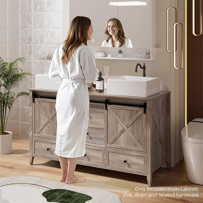 VNN Bathroom Vanity with Sink - 60 Inch Bathroom Vanity Double Sink Ceramic, Freestanding Cabinet with 2 Farmhouse Sliding Barn Doors and 5 Drawers, Space-Saving Storage Cabinet, Grey Wood Grain