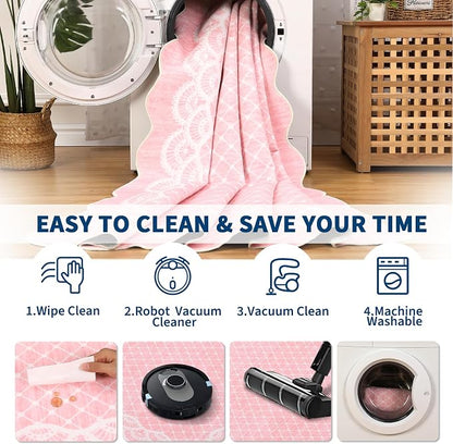 GarveeHome Washable Pink Rugs 2x6 Scalloped Kitchen Runner Rug Hallway, Non-Slip Bordered Bedside Rug, Non-Shedding Scalloped Carpet Runner for Laundry Room, Bedroom, Living Room, Pink