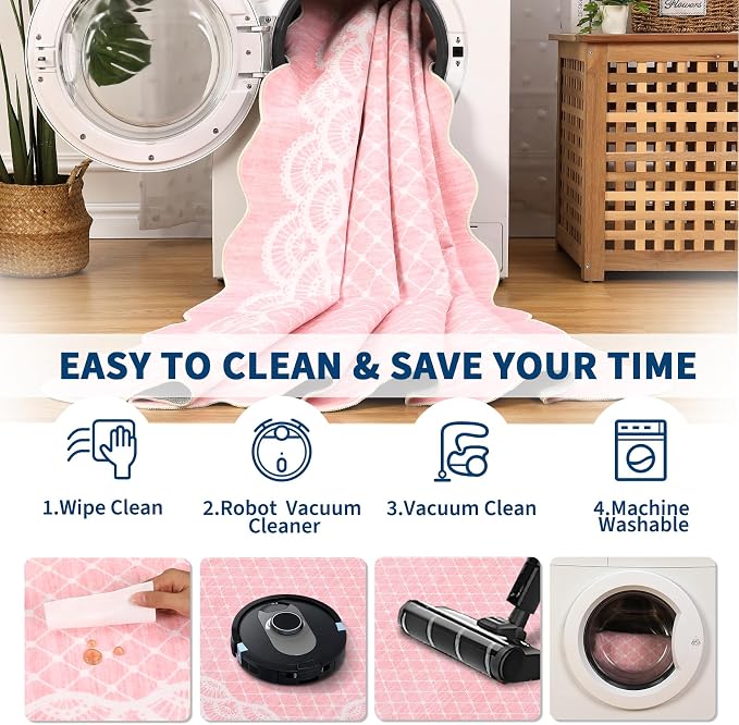 GarveeHome Washable 9x12 Area Rug Scalloped Pink Rug Modern Living Room Rugs Large Washable Girls Bedroom Rugs Abstract Bordered Carpet for Playroom Apartment Table Dorm Nursery, Pink