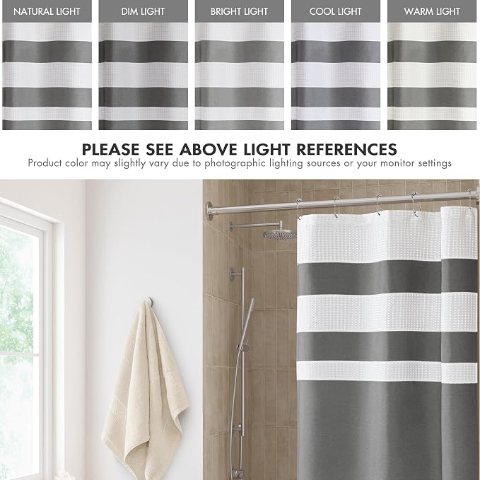 Madison Park Spa Waffle Weave Stall Shower Curtain, 36 x 72, Charcoal | Striped, Pieced Fabric Design, 3M Scotchgard Moisture Management, Hotel Quality, Modern, for Bathroom, OEKO-TEX Certified