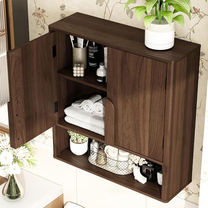 RUSTOWN Wall Mounted Bathroom Cabinets with Rounded Edges & Curved Handles | Adjustable Shelf, 3-Tier Over The Toilet Storage Cabinets, Modern Medicine Cabinet for Laundry Kitchen Living Room
