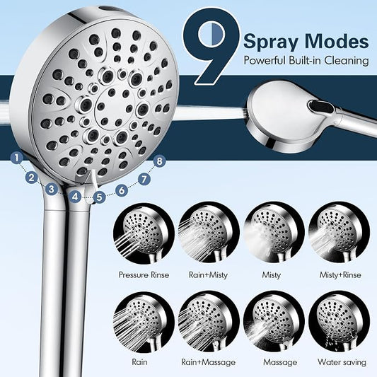 BRIGHT SHOWERS Filtered Shower Head with Handheld, High Pressure 9 Spray Mode Showerhead with Long Hose and Bracket, Water Softener Filters Beads for Hard Water - Removes Chlorine, Chrome