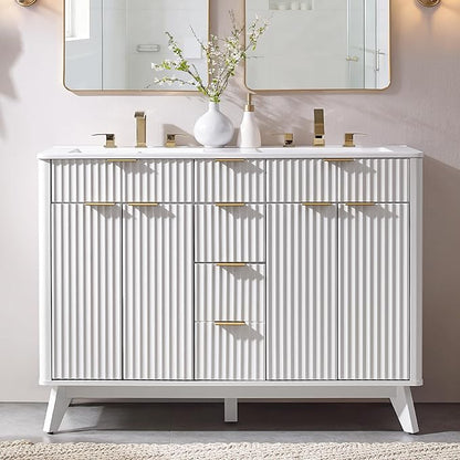 T4TREAM 48" Fluted Bathroom Vanity with Resin Sink Combo，Freestanding Modern Bathroom Storage Vanity Cabinet with Soft Closing Doors & 2 Drawers，Wood Grain Texture，Metal Handle，White