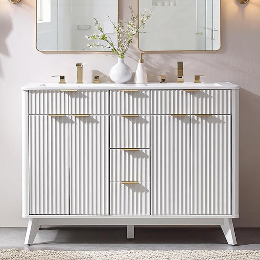 T4TREAM 48" Fluted Bathroom Vanity with Resin Sink Combo，Freestanding Modern Bathroom Storage Vanity Cabinet with Soft Closing Doors & 2 Drawers，Wood Grain Texture，Metal Handle，White