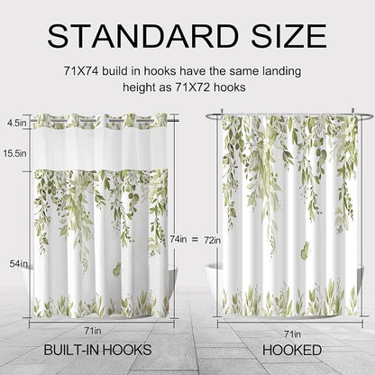 No Hook Shower Curtain and Liner Set, Beige Eucalyptus 71x74 | Floral Design, with Snap in Liner, Waterproof, Machine Washable, Quick-Drying, for Hotel Bathroom