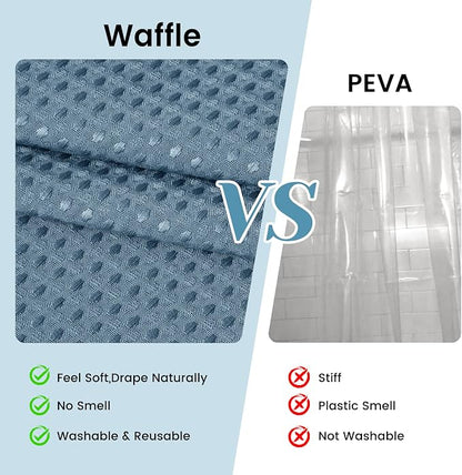 SORTTO No Hook Shower Curtain with Snap in Liner Set Waffle Shower Curtain for Bathroom Hotel Style Fabric Waterproof Inner Liner，71" W x 74" H, Moonlight Blue