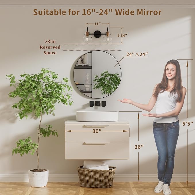 2 Light Bathroom Vanity Light, Black and Red Copper Bathroom Light Fixtures Over Mirror, Modern Copper Vanity Fixtures with Clear Glass Shade, Black Wall Sconce for Living Room