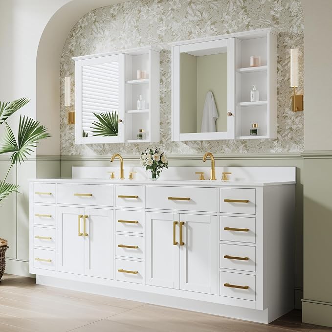 84-Inch Bathroom Vanity with Double Sinks W/ 4 Doors & 12 Drawers & 2 Flip Drawers, White Vanity W/Brushed Gold Handles