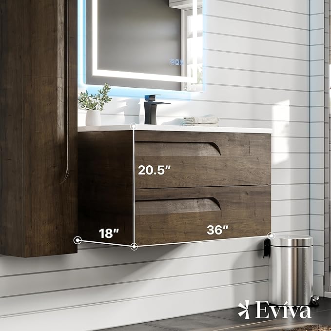 Joy 36 in. Rosewood Wall MountSingle Sink Bath Vanity with Porcelain Top and Integrated Sink