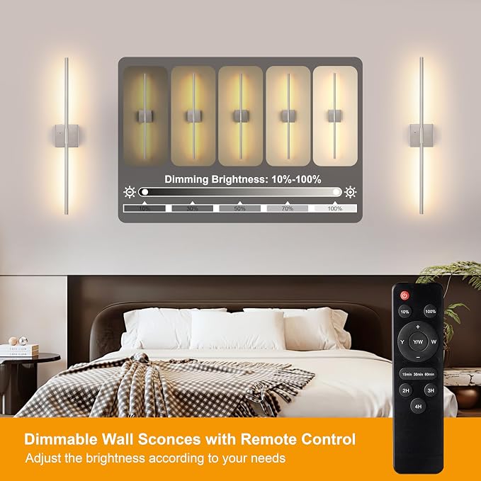 Morauroral Battery Operated Wall Sconces Set of 2, Dimmable Battery Wall Sconce with Remote Control, Sand-Nickel LED Rechargeable Sconces, 24 Inch Modern Wireless Wall Lights for Bedroom, Living Room