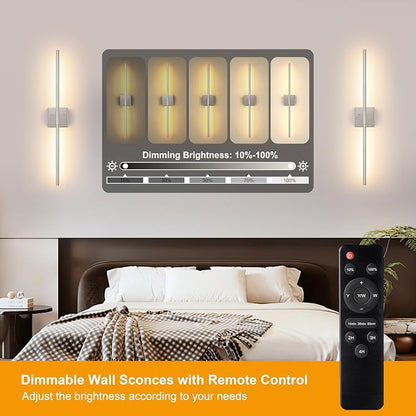 Morauroral Battery Operated Wall Sconces Set of 2, Dimmable Battery Wall Sconce with Remote Control, Sand-Nickel LED Rechargeable Sconces, 24 Inch Modern Wireless Wall Lights for Bedroom, Living Room