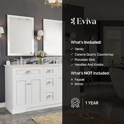 Eviva White 60 inch Bathroom Vanity with Sink - Porcelain Round-Bathroom Vanity Double Sink-Solid Wood 60" Vanity Bathroom Sink-Marble Top Double Vanity Sink Cabinet