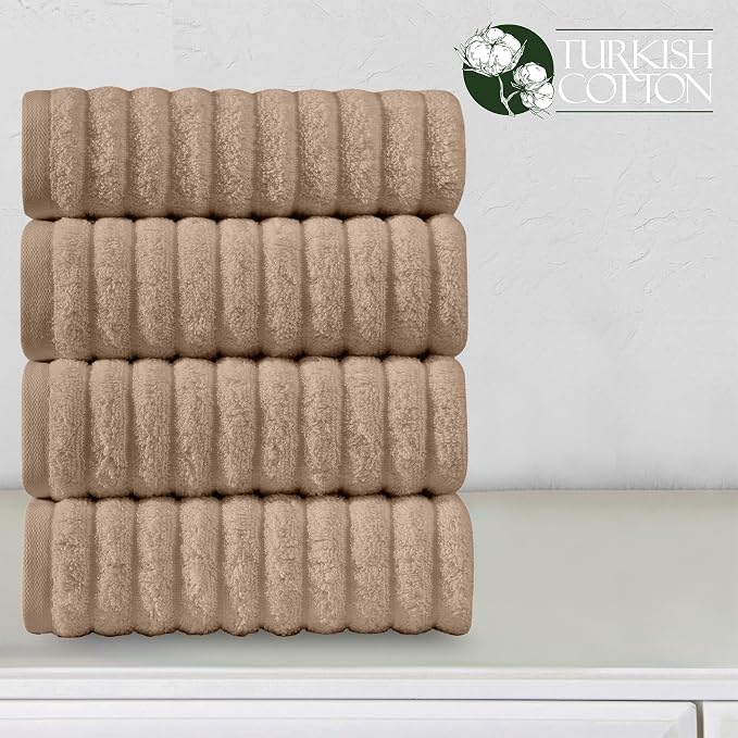 Elegant Comfort Luxury 100% Turkish Cotton Corduroy Ribbed 4 Pack Hand Towel Set 16 x 28 Inch - Absorbent, Super Soft, Quick Dry, Premium Towels for Bathroom, Gym, Spa and Hotel Use, Taupe