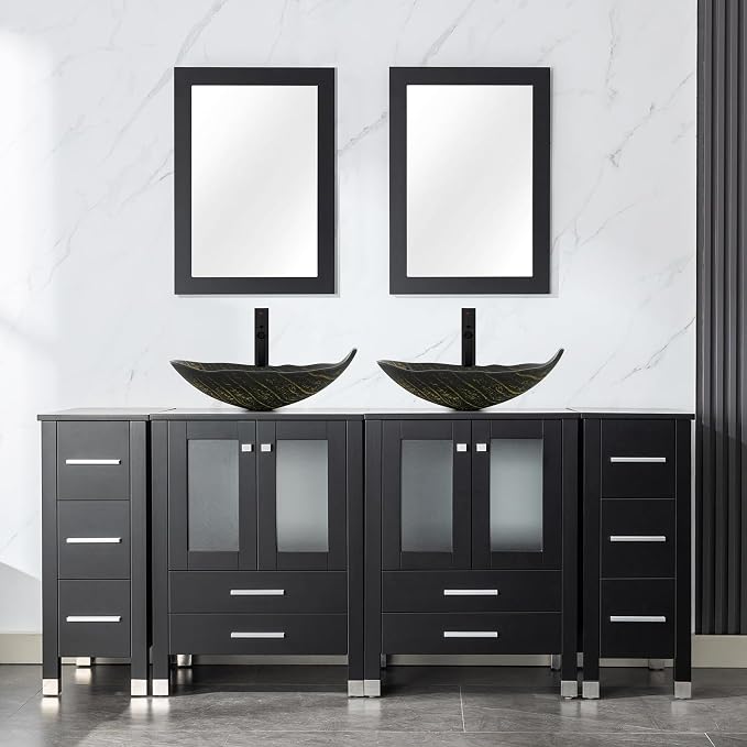 LUCKWIND 72" Bathroom Vanity Sink Combo, Double 24" Main Cabniets with Two 12.6" Side Cabinets, Painted Bathroom Storage Cabinet, Including Leaf Shaped Sinks, Faucets Without Mirror, Black