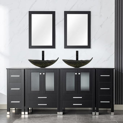 LUCKWIND 72" Bathroom Vanity Sink Combo, Double 24" Main Cabniets with Two 12.6" Side Cabinets, Painted Bathroom Storage Cabinet, Including Leaf Shaped Sinks, Faucets Without Mirror, Black