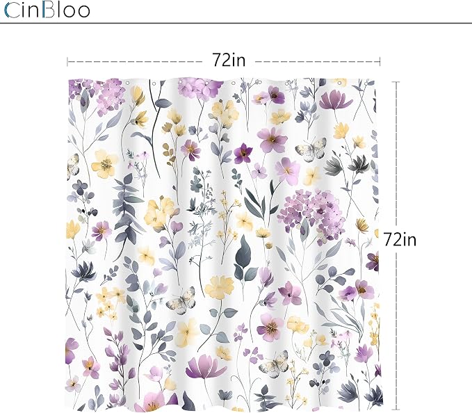 Purple Lilac Lavender Flower Floral Women Girls Bathroom Shower Curtain Set | 72"W x 72"H Girly Wildflower; waterproof HD print, quick-dry fabric and plastic hooks for easy setup.
