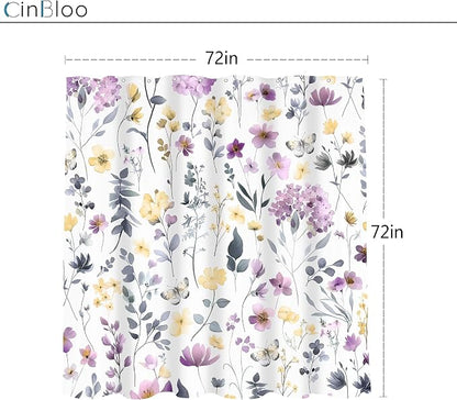 Purple Lilac Lavender Flower Floral Women Girls Bathroom Shower Curtain Set | 72"W x 72"H Girly Wildflower; waterproof HD print, quick-dry fabric and plastic hooks for easy setup.